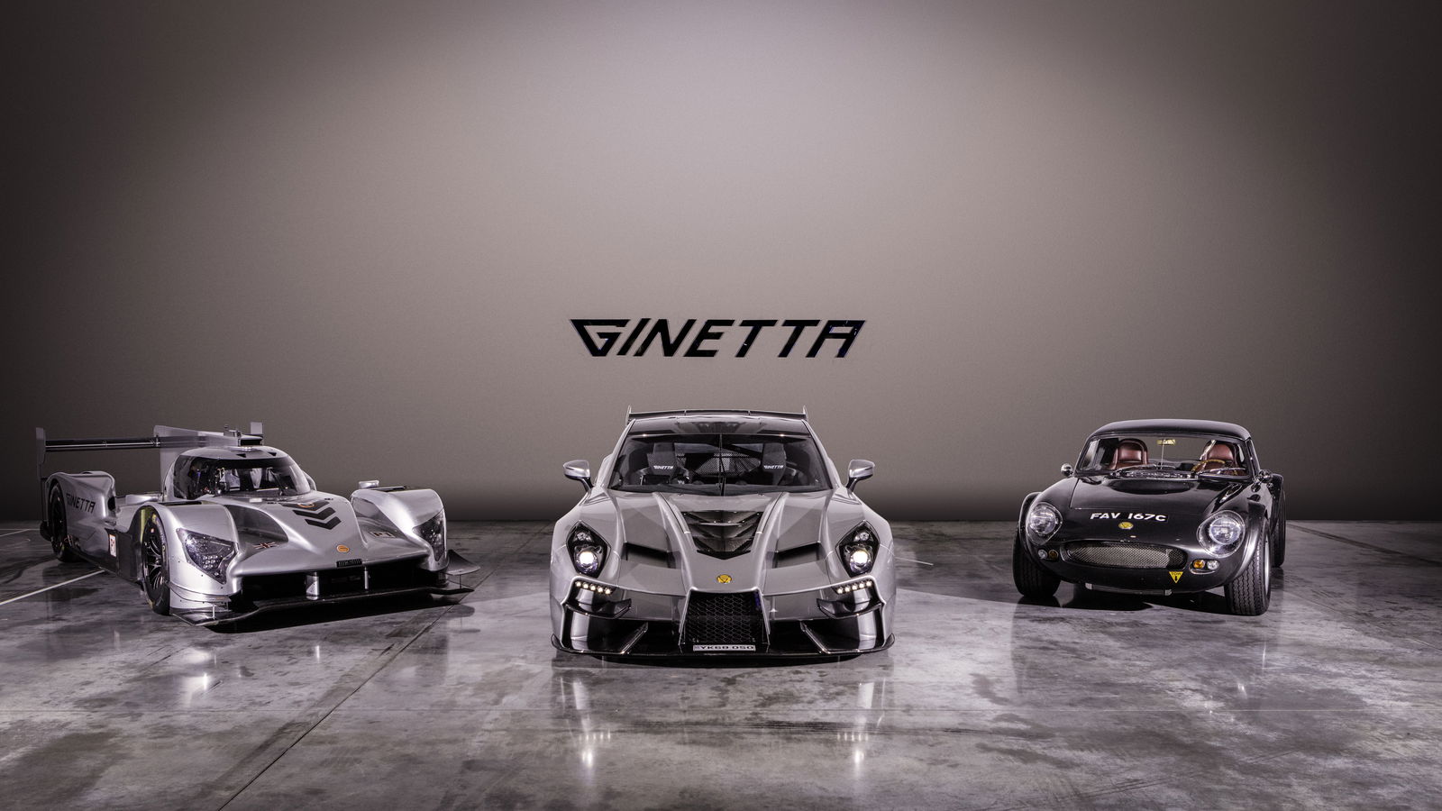 A Ginetta Akula flanked by a G60-LT-P1 LMP1 racer and a G10