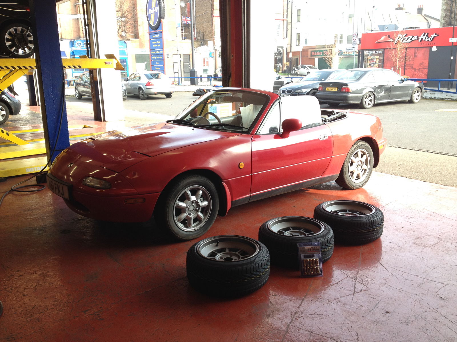 Just one more wheel to go before the MX-5 is transformed. I'll be using long Titan wheel bolts