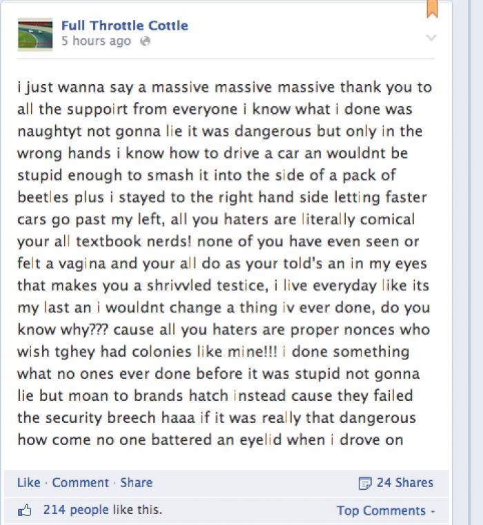 The Idiot Who Drove His Girlfriend's VW Polo Onto A Live Race Track Has Been Jailed For Eight Months