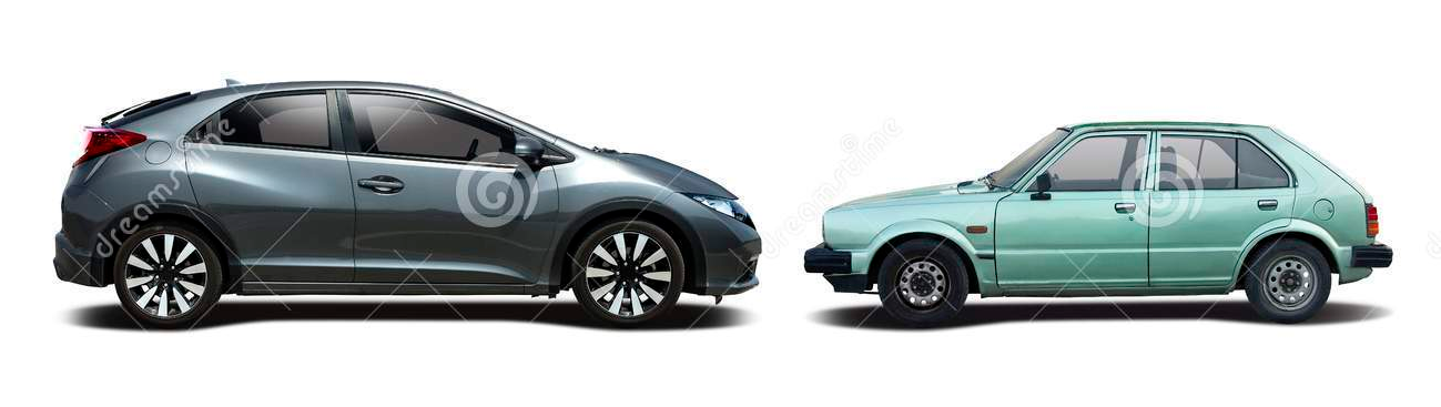 This is the only good picture I can find to put a Honda Civic, vintage and new together, so apologies for the watermark.
