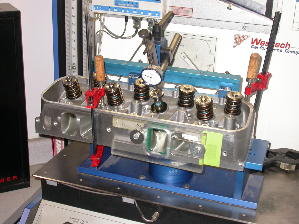 A cylinder head setup for testing on an air flow bench