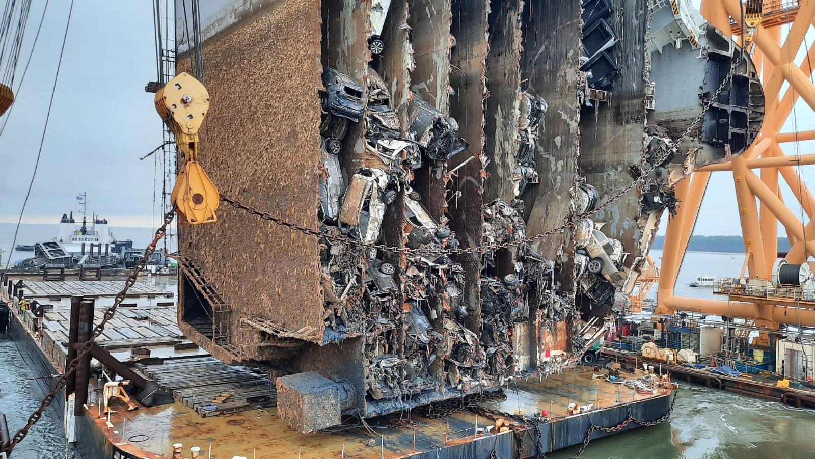 Capsized Cargo Ship Sliced Apart In Salvage Efforts, Revealing Hundreds Of Mangled Cars